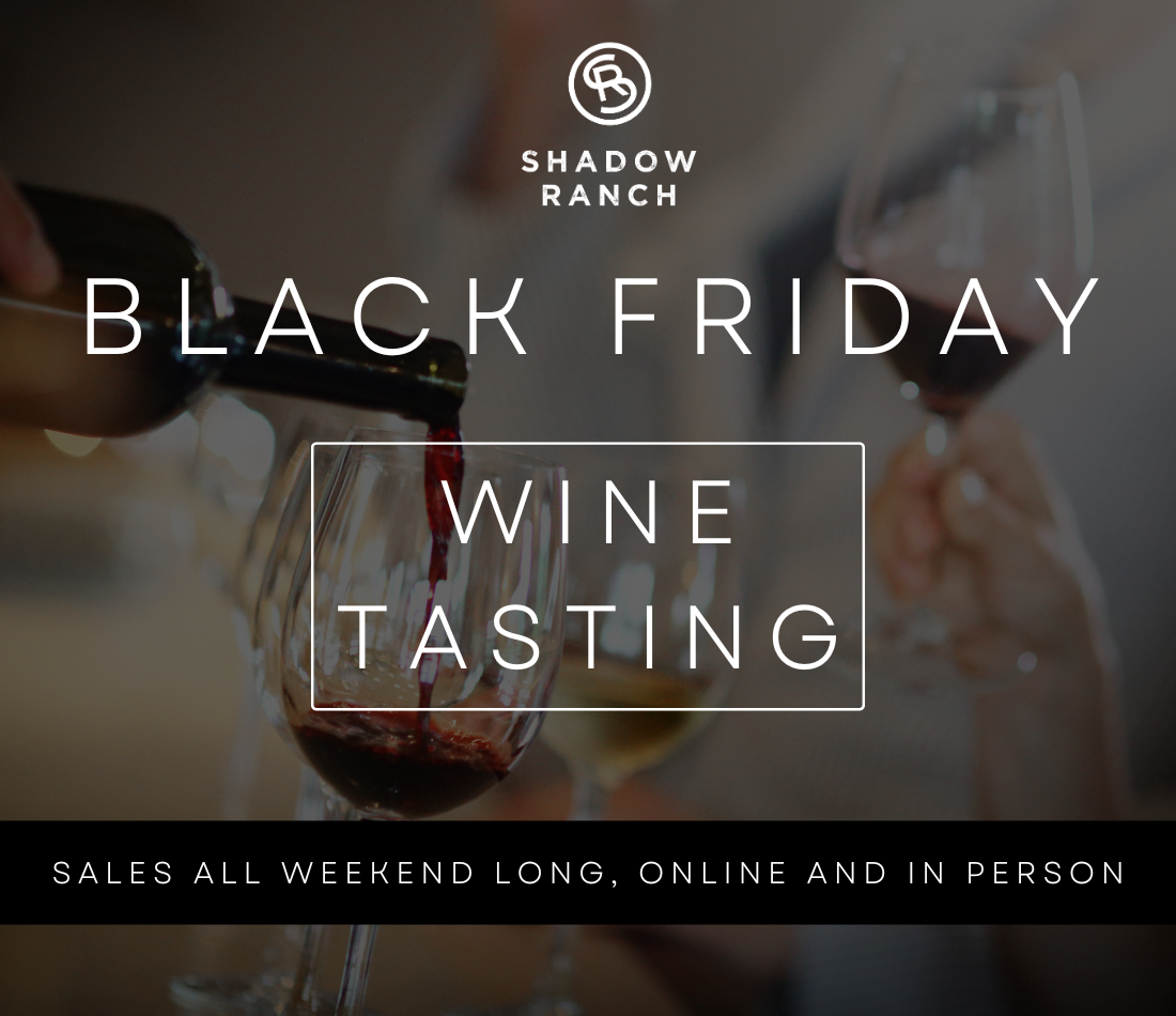 Shadowed image of wine being poured into a glass. Text overlays image reading Black Friday Wine Tasting. Sales all weekend long, online and in person