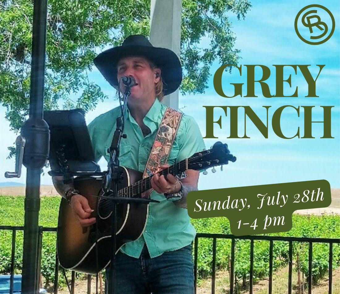 Image of man holding guitar in front of vineyard. Text reads Grey Finch Sunday July 28th 1-4 pm.