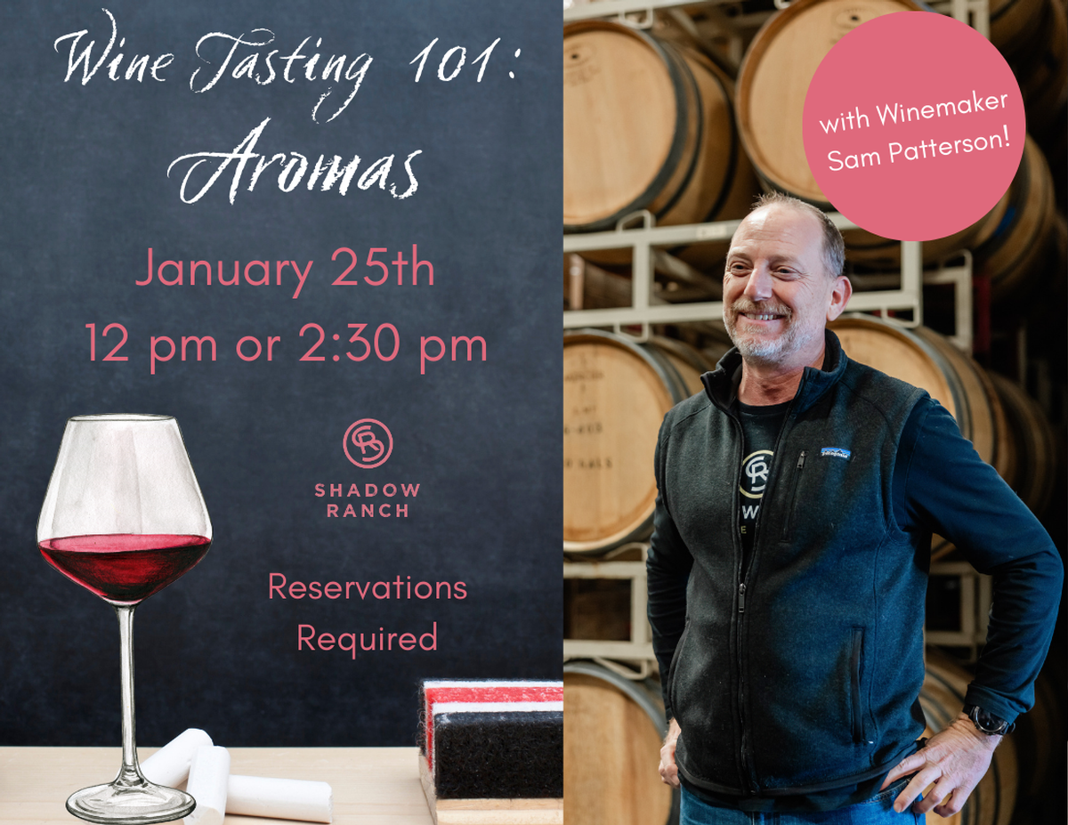 Image of winemaker Sam Patterson in front of wine barrels. Chalkboard on the left reads Wine Tasting 101: Aromas. January 25th 12 pm or 2:30 pm Reservations Required